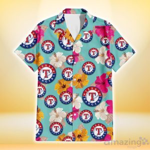 Texas Rangers Pink Yellow White Hibiscus Turquoise Background 3D Hawaiian Shirt Gift For Fans image Texas Rangers Pink Yellow White Hibiscus Turquoise Background 3D Hawaiian Shirt Gift For Fans Product Photo 2