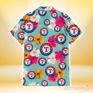 Texas Rangers Pink Yellow White Hibiscus Turquoise Background 3D Hawaiian Shirt Gift For Fans image Texas Rangers Pink Yellow White Hibiscus Turquoise Background 3D Hawaiian Shirt Gift For Fans Product Photo 3