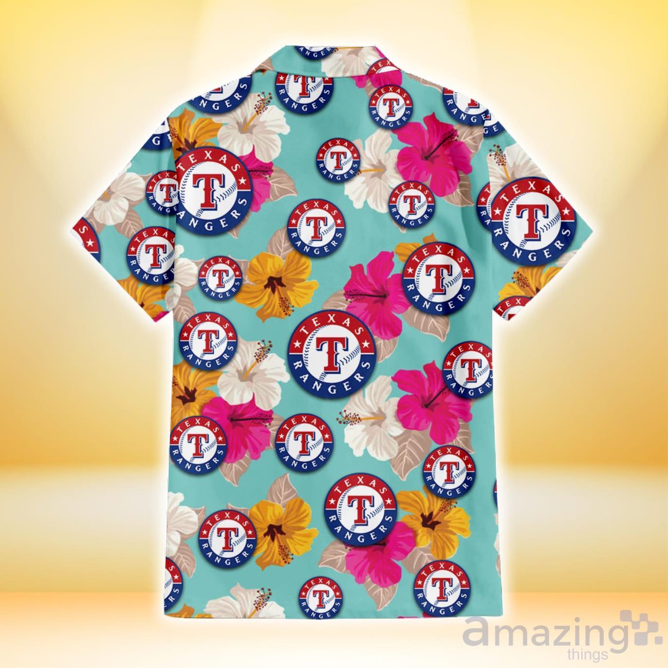 Texas Rangers Pink Yellow White Hibiscus Turquoise Background 3D Hawaiian Shirt Gift For Fans image Texas Rangers Pink Yellow White Hibiscus Turquoise Background 3D Hawaiian Shirt Gift For Fans Product Photo 3
