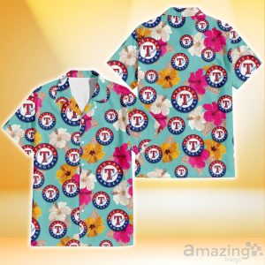 Texas Rangers Pink Yellow White Hibiscus Turquoise Background 3D Hawaiian Shirt Gift For Fans Product Photo 1