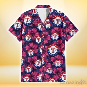 Texas Rangers Plum Vilolet Hibiscus Dark Navy Leaf Black 3D Hawaiian Shirt Gift For Fans Product Photo 2