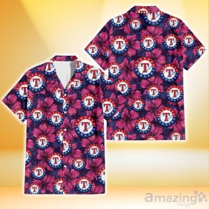 Texas Rangers Plum Vilolet Hibiscus Dark Navy Leaf Black 3D Hawaiian Shirt Gift For Fans Product Photo 1