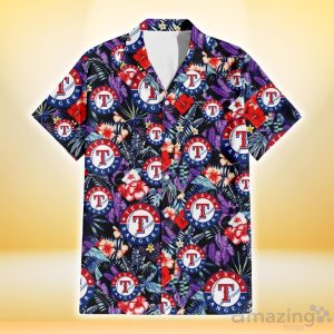Texas Rangers Red Hibiscus Caro Black Background 3D Hawaiian Shirt Gift For Fans Product Photo 2