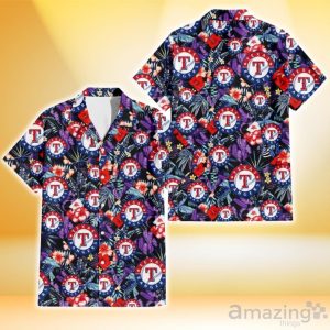 Texas Rangers Red Hibiscus Caro Black Background 3D Hawaiian Shirt Gift For Fans Product Photo 1