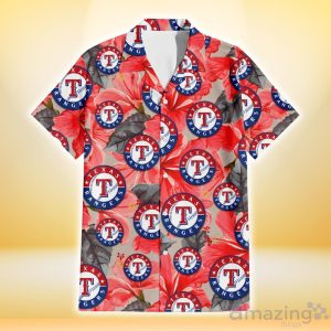 Texas Rangers Red Hibiscus Gray Leaf Beige Background 3D Hawaiian Shirt Gift For Fans Product Photo 2