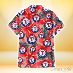 Texas Rangers Red Hibiscus Gray Leaf Beige Background 3D Hawaiian Shirt Gift For Fans Product Photo 3