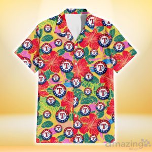 Texas Rangers Red Hibiscus Green Blue Leaf Yellow Background 3D Hawaiian Shirt Gift For Fans Product Photo 2