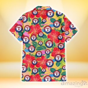 Texas Rangers Red Hibiscus Green Blue Leaf Yellow Background 3D Hawaiian Shirt Gift For Fans Product Photo 3