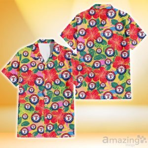 Texas Rangers Red Hibiscus Green Blue Leaf Yellow Background 3D Hawaiian Shirt Gift For Fans Product Photo 1