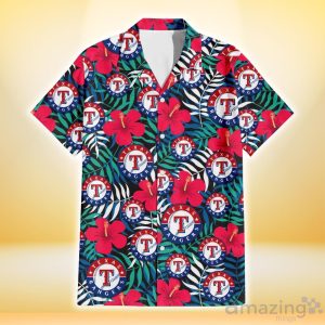 Texas Rangers Red Hibiscus Green Blue White Leaf Black Background 3D Hawaiian Shirt Gift For Fans Product Photo 2