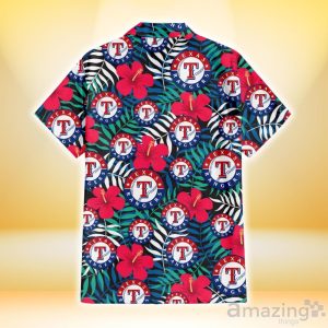 Texas Rangers Red Hibiscus Green Blue White Leaf Black Background 3D Hawaiian Shirt Gift For Fans Product Photo 3