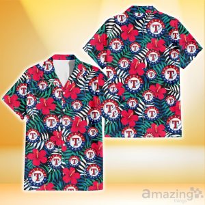 Texas Rangers Red Hibiscus Green Blue White Leaf Black Background 3D Hawaiian Shirt Gift For Fans Product Photo 1