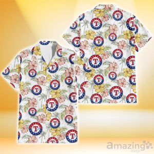 Texas Rangers Sketch Red Yellow Coconut Tree White Background 3D Hawaiian Shirt Gift For Fans Product Photo 1