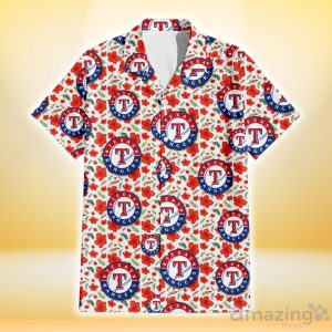 Texas Rangers Tiny Red Hibiscus Green Leaf White Cube Background 3D Hawaiian Shirt Gift For Fans Product Photo 2