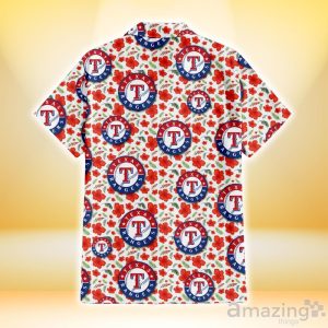 Texas Rangers Tiny Red Hibiscus Green Leaf White Cube Background 3D Hawaiian Shirt Gift For Fans Product Photo 3