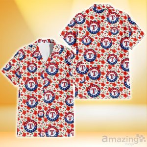 Texas Rangers Tiny Red Hibiscus Green Leaf White Cube Background 3D Hawaiian Shirt Gift For Fans Product Photo 1
