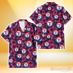 Texas Rangers Violet Red Blue Leaf Black Background 3D Hawaiian Shirt Gift For Fans Product Photo 1