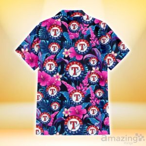 Texas Rangers Violet Red Hibiscus Blue Leaf Black Background 3D Hawaiian Shirt Gift For Fans Product Photo 3