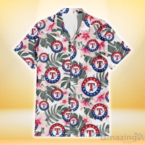 Texas Rangers White Hibiscus Green Leaf White Background 3D Hawaiian Shirt Gift For Fans Product Photo 2