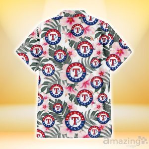 Texas Rangers White Hibiscus Green Leaf White Background 3D Hawaiian Shirt Gift For Fans Product Photo 3