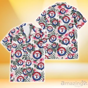 Texas Rangers White Hibiscus Green Leaf White Background 3D Hawaiian Shirt Gift For Fans Product Photo 1
