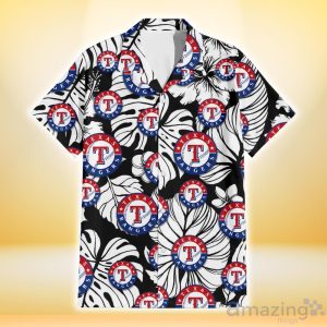 Texas Rangers White Hibiscus Porcelain Flower Palm Leaf Black 3D Hawaiian Shirt Gift For Fans Product Photo 2