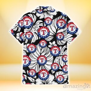 Texas Rangers White Hibiscus Porcelain Flower Palm Leaf Black 3D Hawaiian Shirt Gift For Fans Product Photo 3