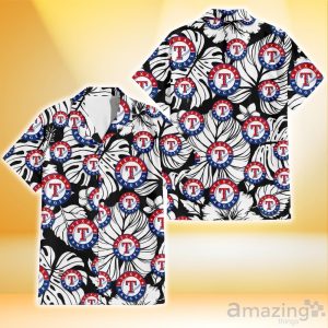 Texas Rangers White Hibiscus Porcelain Flower Palm Leaf Black 3D Hawaiian Shirt Gift For Fans Product Photo 1