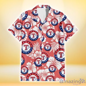 Texas Rangers White Hibiscus Salmon Background 3D Hawaiian Shirt Gift For Fans image Texas Rangers White Hibiscus Salmon Background 3D Hawaiian Shirt Gift For Fans Product Photo 2