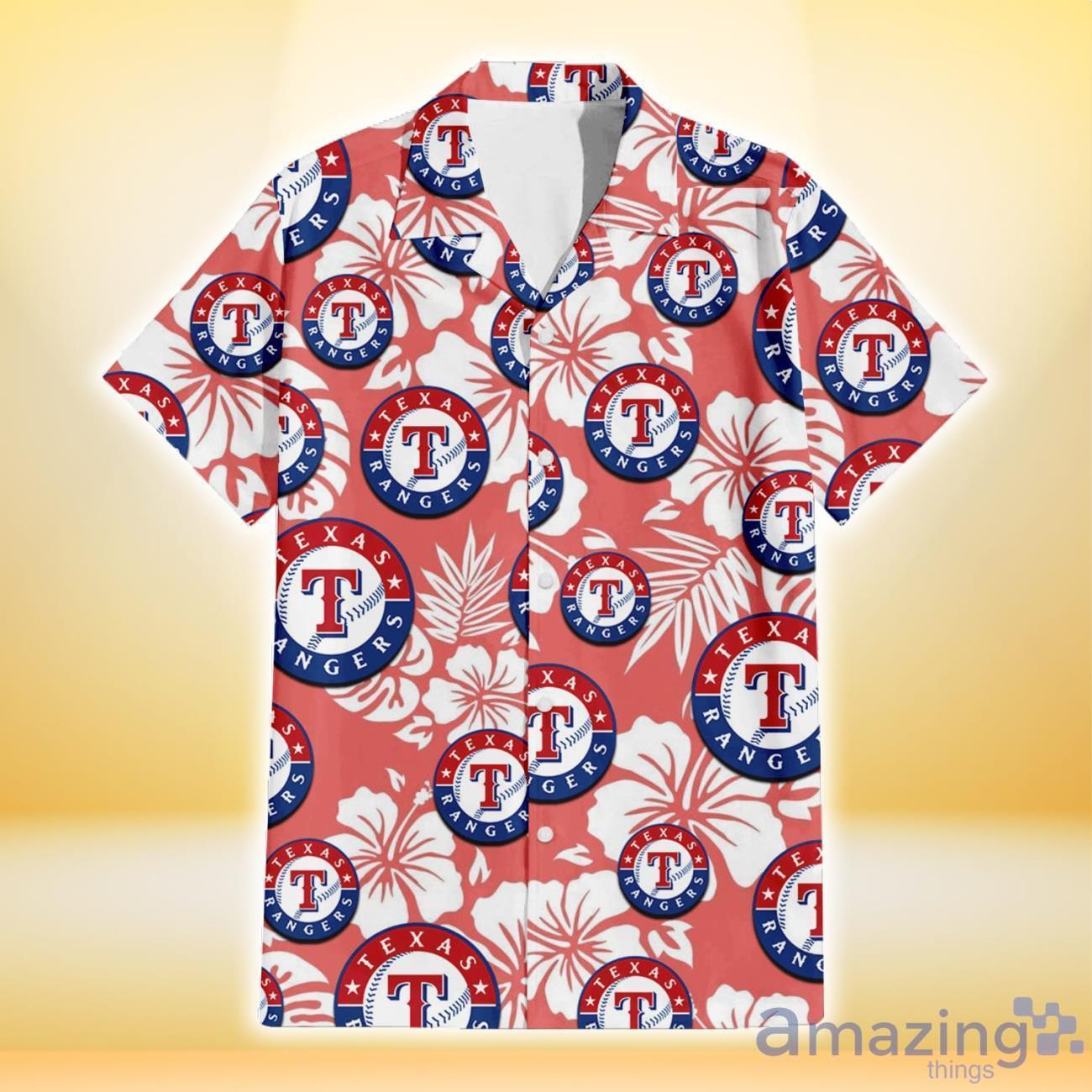 Texas Rangers White Hibiscus Salmon Background 3D Hawaiian Shirt Gift For Fans image Texas Rangers White Hibiscus Salmon Background 3D Hawaiian Shirt Gift For Fans Product Photo 2