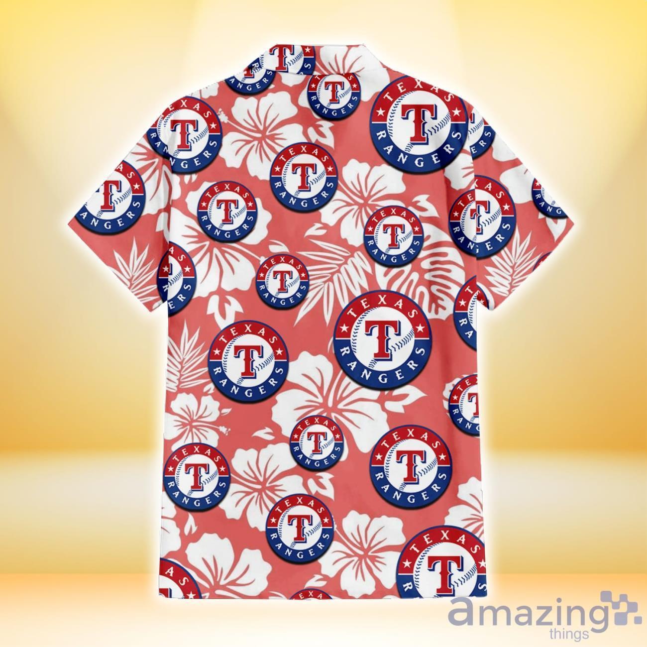 Texas Rangers White Hibiscus Salmon Background 3D Hawaiian Shirt Gift For Fans image Texas Rangers White Hibiscus Salmon Background 3D Hawaiian Shirt Gift For Fans Product Photo 3