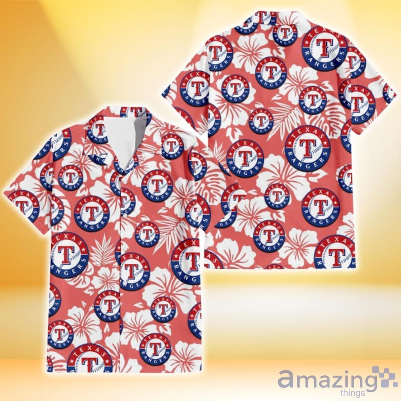 Texas Rangers White Hibiscus Salmon Background 3D Hawaiian Shirt Gift For Fans image Texas Rangers White Hibiscus Salmon Background 3D Hawaiian Shirt Gift For Fans Product Photo 1