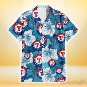 Texas Rangers White Hibiscus Turquoise Banana Leaf Navy Background 3D Hawaiian Shirt Gift For Fans Product Photo 2