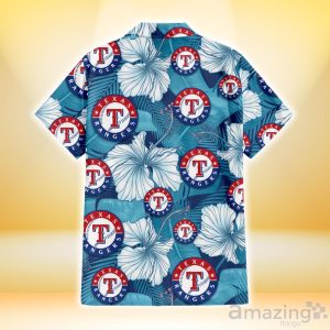 Texas Rangers White Hibiscus Turquoise Banana Leaf Navy Background 3D Hawaiian Shirt Gift For Fans Product Photo 3