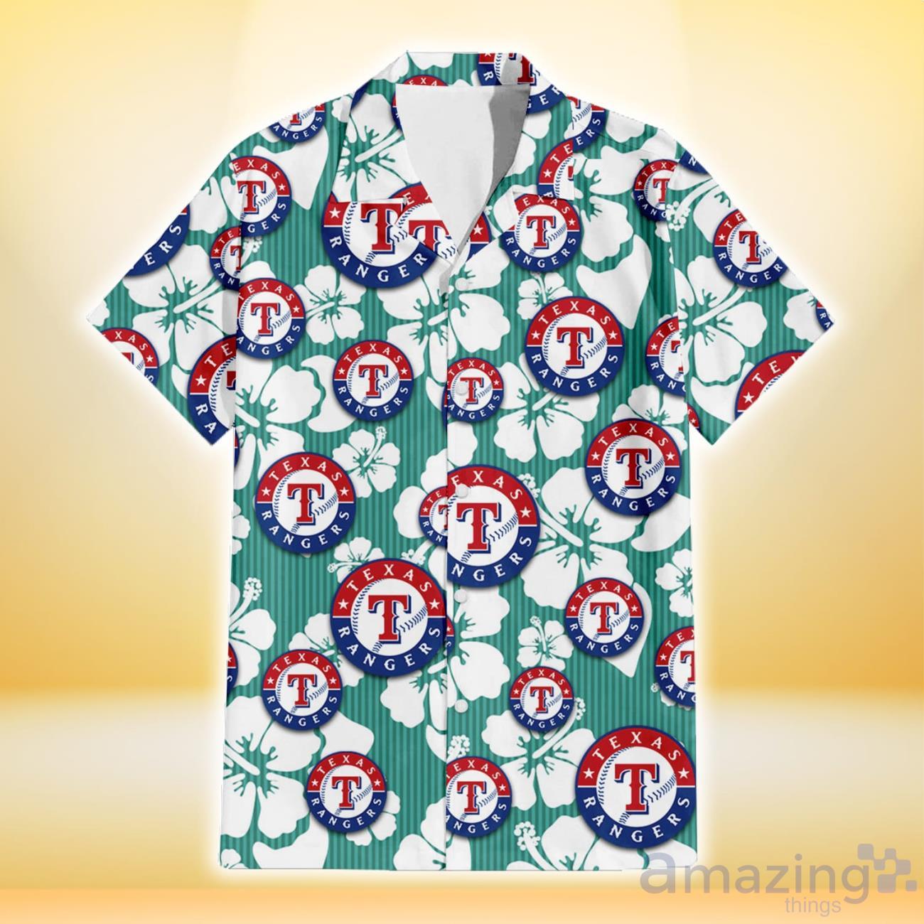Texas Rangers White Hibiscus Light Blue Texture Background 3D Hawaiian Shirt  Gift For Fans - YesItCustom