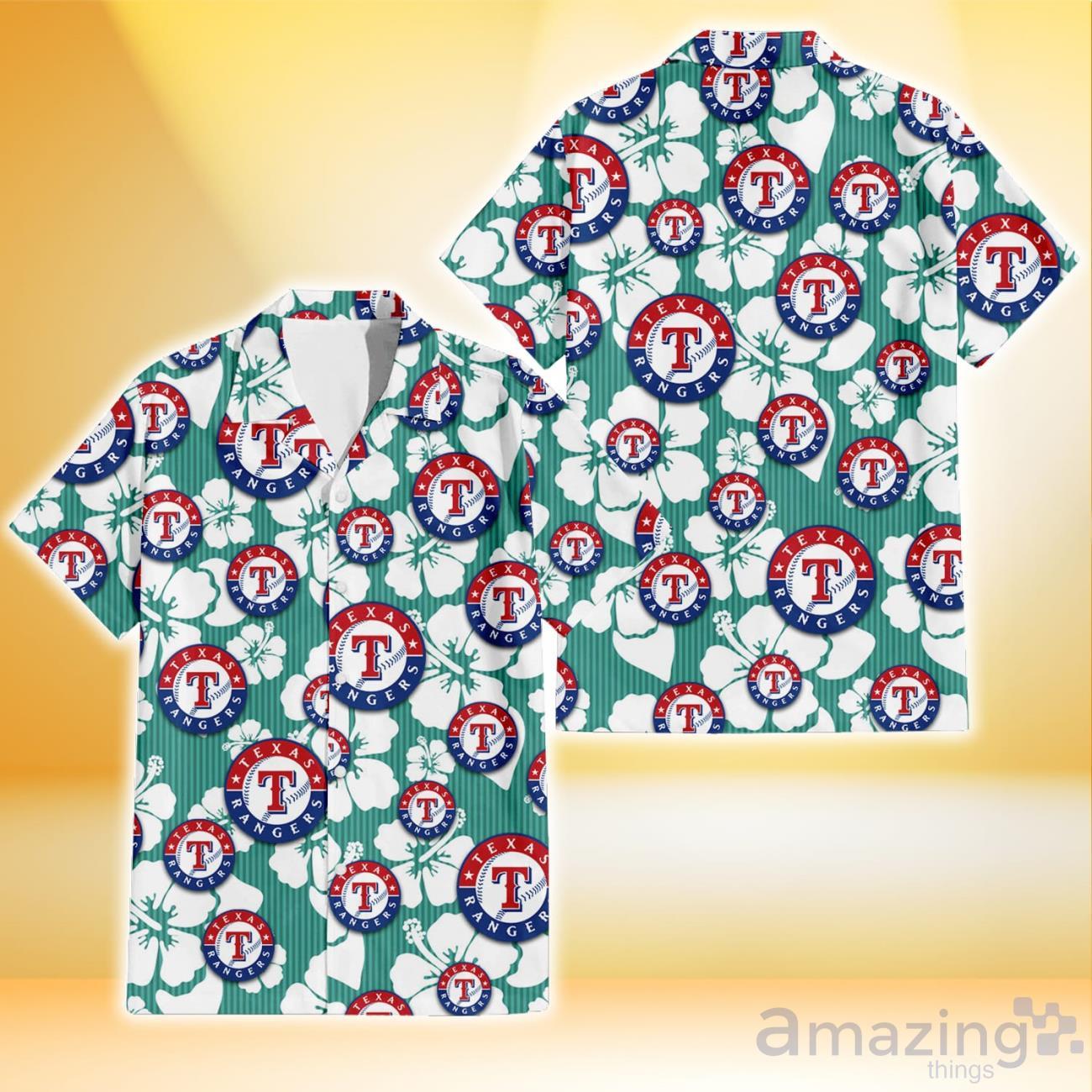 Texas Rangers Yellow White Hibiscus Powder Blue Background 3D Hawaiian  Shirt Gift For Fans - YesItCustom