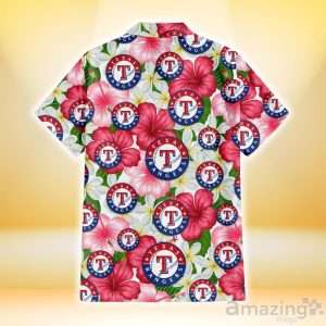 Texas Rangers White Porcelain Flower Pink Hibiscus White Background 3D Hawaiian Shirt Gift For Fans Product Photo 3