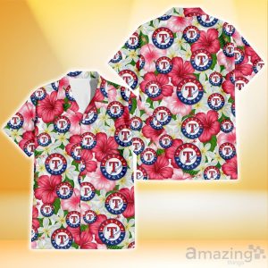 Texas Rangers White Porcelain Flower Pink Hibiscus White Background 3D Hawaiian Shirt Gift For Fans Product Photo 1