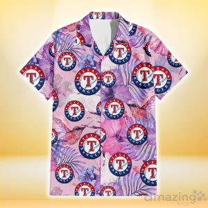 Texas Rangers White Purple Hibiscus Pink Hummingbird Pink Background 3D Hawaiian Shirt Gift For Fans Product Photo 2