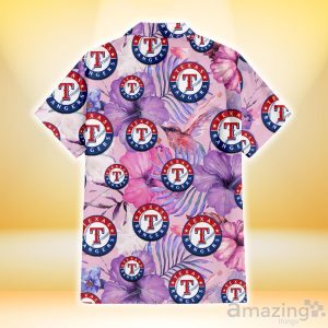 Texas Rangers White Purple Hibiscus Pink Hummingbird Pink Background 3D Hawaiian Shirt Gift For Fans Product Photo 3