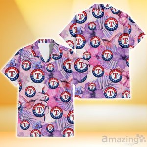 Texas Rangers White Purple Hibiscus Pink Hummingbird Pink Background 3D Hawaiian Shirt Gift For Fans Product Photo 1