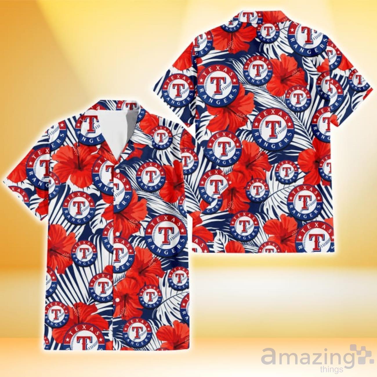 Texas Rangers Red And White Hibiscus Dark Leaf Black Background Hawaiian  Shirt