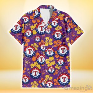 Texas Rangers Yellow And Orange Hibiscus Purple Background 3D Hawaiian Shirt Gift For Fans Product Photo 2