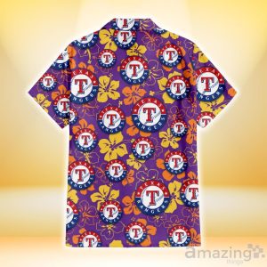 Texas Rangers Yellow And Orange Hibiscus Purple Background 3D Hawaiian Shirt Gift For Fans Product Photo 3