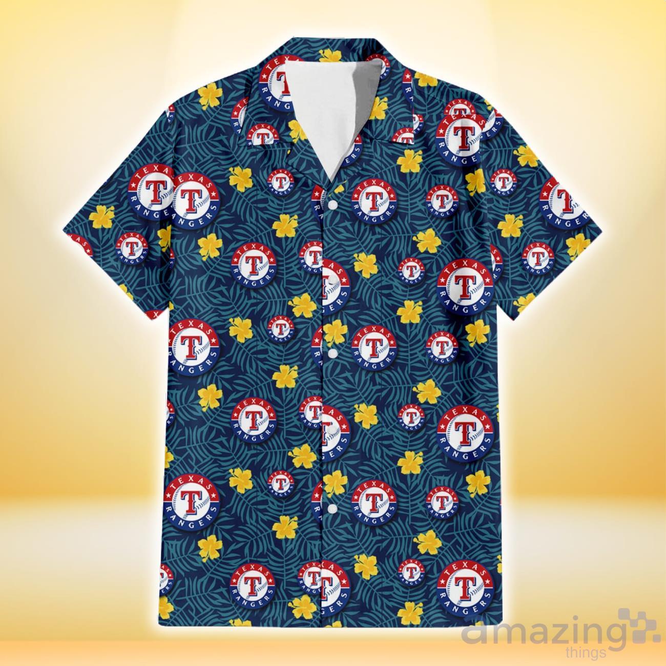 Texas Rangers Yellow White Hibiscus Powder Blue Background 3D Hawaiian  Shirt Gift For Fans - YesItCustom