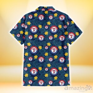 Texas Rangers Yellow Hibiscus Cadet Blue Leaf Navy Background 3D Hawaiian Shirt Gift For Fans Product Photo 3