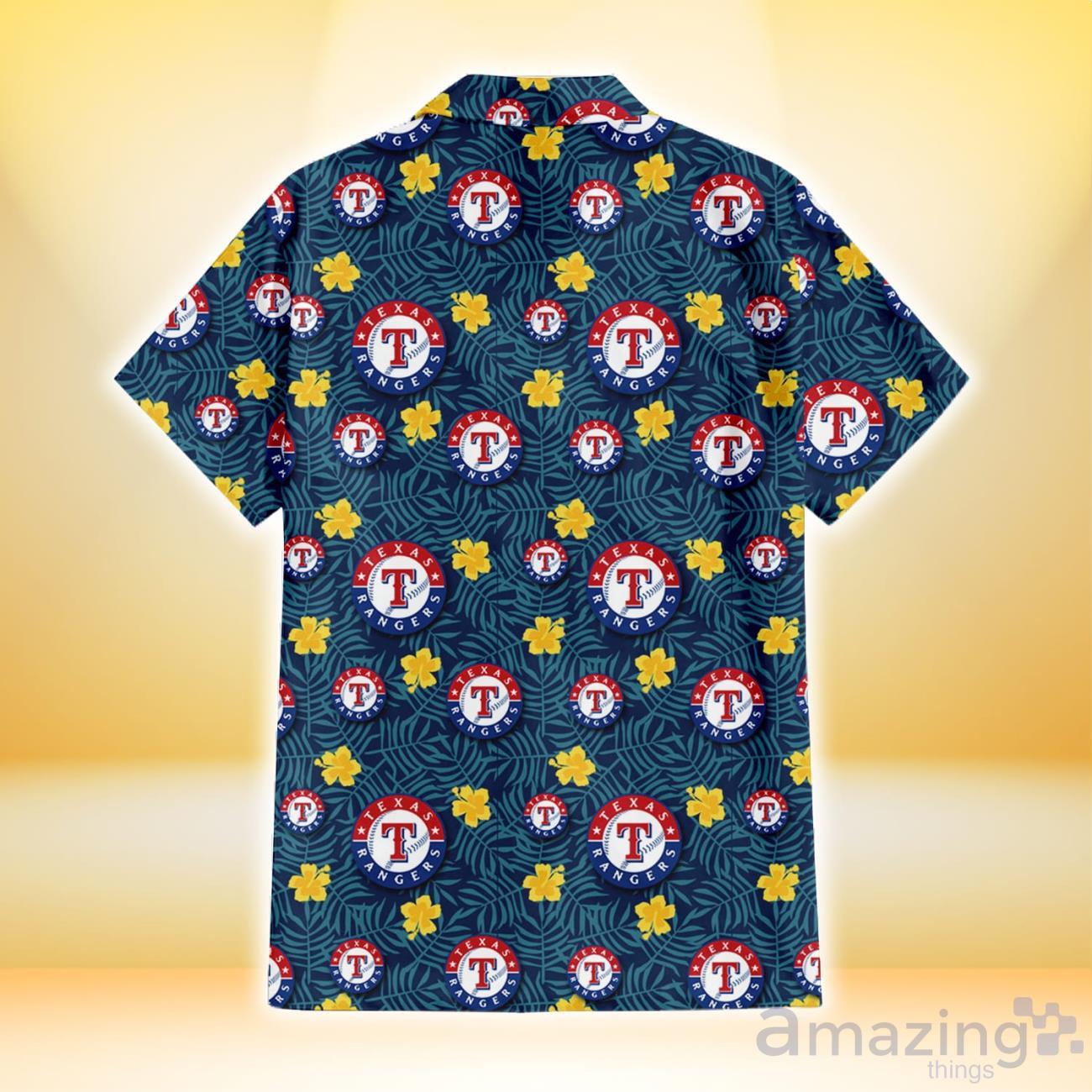 Texas Rangers Yellow White Hibiscus Powder Blue Background 3D Hawaiian  Shirt Gift For Fans - YesItCustom