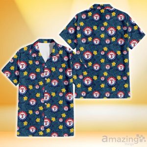 Texas Rangers Yellow Hibiscus Cadet Blue Leaf Navy Background 3D Hawaiian Shirt Gift For Fans Product Photo 1