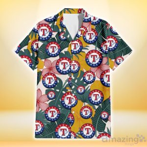 Texas Rangers Yellow Hibiscus Green Banana Leaf Pink Porcelain Flower 3D Hawaiian Shirt Gift For Fans Product Photo 2