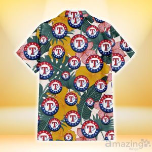Texas Rangers Yellow Hibiscus Green Banana Leaf Pink Porcelain Flower 3D Hawaiian Shirt Gift For Fans Product Photo 3